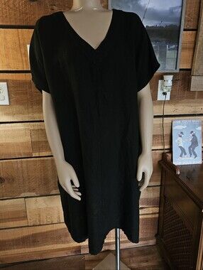 Bryn WALKER 100% Linen Black Boxy Relaxed V-Neck Dress Cover Up Lagenlook Sz L